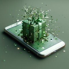 Poster - The phone is lying down and a green gift is coming out of it.