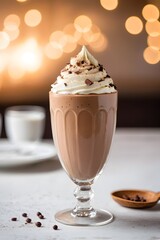 Wall Mural - Close-up of a mocha mousse on the white table, bright luxury restaurant setting background with copy space