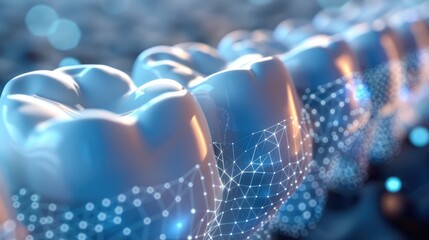 Leinwandbilder - Close-up of clean and healthy oral environment, white teeth surface covered with blue holographic grid-like light, gums surface covered with blue holographic grid-like light, blue sky background.