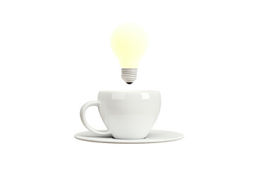 Wall Mural - coffee cup with saucer and glowing lightbulb hovering above, isolated on white background. concept o