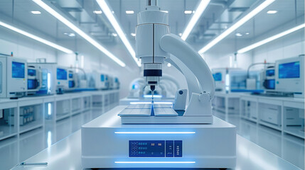 Poster - High tech 3d printing machines in modern white facility, modern technology, white and blue highlights and lighting.