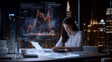 Poster - financial analyst working late at night, focused on data analysis with graphs and charts displayed on screen. city skyline glows in background, creating dynamic atmosphere