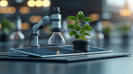 Poster - high resolution image of robotic arm examining plant on solar panel, showcasing green technology and innovation in sustainable energy