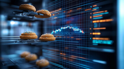 Aufkleber - Delicious cookies on futuristic display with data visualization, showcasing blend of culinary art and technology. vibrant colors and intricate details create engaging atmosphere