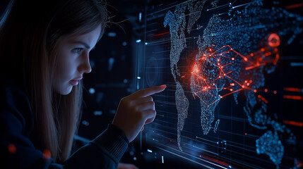 Fototapete - young girl interacts with digital world map, showcasing technology and data visualization. Her focused expression highlights curiosity and engagement in learning