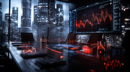 Poster - modern corporate meeting room with high tech display, showcasing data analytics and financial graphs. city skyline is visible through large windows, creating dynamic atmosphere