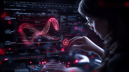 Leinwandbilder - focused woman interacts with advanced AI technology, analyzing data on futuristic interface. vibrant red graphics highlight her engagement in high tech environment