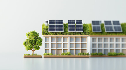 Aufkleber - Eco friendly building with solar panels and greenery on roof, showcasing sustainable architecture and modern design. This structure emphasizes environmental consciousness and innovation