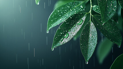 Aufkleber - Lush green leaves glistening with water droplets in serene rain setting, creating refreshing and tranquil atmosphere