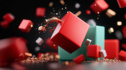 Poster - Colorful abstract composition of floating geometric shapes, including red and green cubes, creating dynamic visual effect with scattered particles and modern aesthetic
