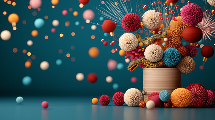 Poster - vibrant and abstract arrangement of colorful spheres, pom poms, and decorative elements in stylish pot, creating joyful and festive atmosphere
