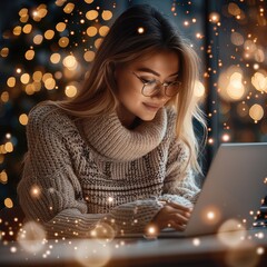 Poster - A young woman working on transforming social media blogs, with added atmosphere of magic and light New Year mood.