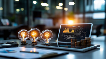 Poster - Business workspace with light bulbs, tablet, and coins showcasing innovation and finance trends. perfect blend of technology and creativity for entrepreneurs