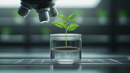 Poster - close up view of plant under microscope, showcasing growth in glass jar filled with soil and water. controlled environment highlights scientific exploration and nature beauty