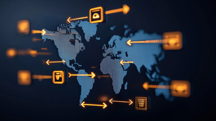 Poster - Global trade network illustration with arrows and icons representing commerce, logistics, and tariffs. digital map highlights international connections and trade flow
