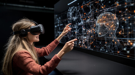 Fototapete - woman wearing virtual reality headset interacts with digital brain visualization, exploring futuristic technology and immersive experiences