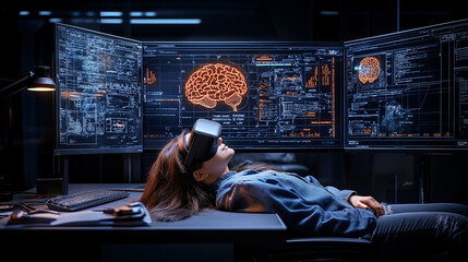 Leinwandbilder - woman wearing virtual reality headset lies back high tech workspace, surrounded by multiple screens displaying brain activity and data analysis. scene captures essence of futuristic technology and
