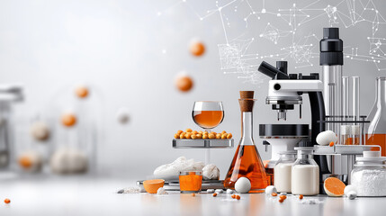 Poster - Modern laboratory setup with scientific equipment, glassware, and food samples. scene features orange liquids, eggs, and various ingredients, showcasing food science and innovation