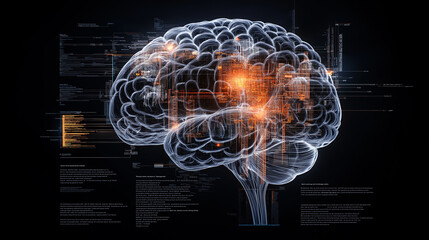Poster - artistic 8K illustration of human brain with glowing neural connections and data overlays, representing advanced technology and cognitive processes