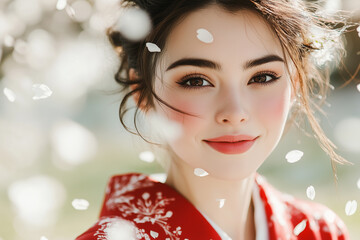 Wall Mural - A beautiful Japanese woman wearing a red kimono is smiling and holding cherry blossom petals in her hand, with delicate makeup on her face