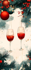 Wall Mural - Festive red wine glasses hang among Christmas decorations, creating joyful atmosphere. Perfect for holiday celebrations and gatherings