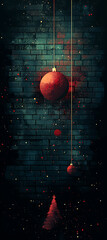 Wall Mural - festive digital artwork featuring red ornaments hanging against dark brick wall, with subtle Christmas tree silhouette below