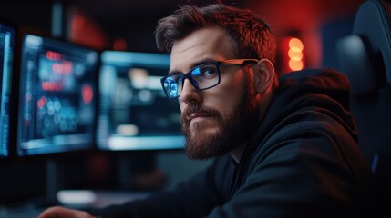 Wall Mural - focused young man with glasses working on computer coding in modern tech environment with vibrant co