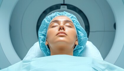 Fototapete - A calm patient prepares for a medical scan, wearing a surgical cap and lying on a bed inside a diagnostic imaging machine.