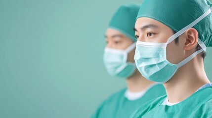 Aufkleber - Two healthcare professionals in surgical attire, wearing masks and caps, are focused in a clinical setting with a soothing green background.