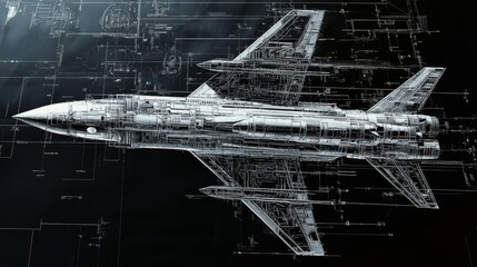 Detailed black and white architectural blueprint of f 4 with a close up of a layered missile