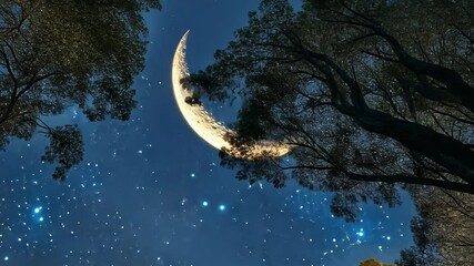 Wall Mural - crescent moon in starlit forest sky