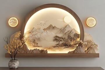 Wall Mural - a minimalist, modern chinese-style wall lamp with three-dimensional mountain and water elements, fea