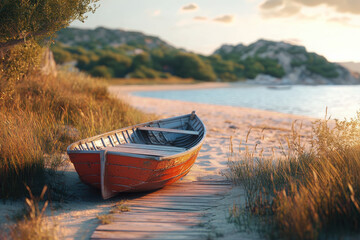 Wall Mural - A serene beach scene featuring an orange boat on a path leading to the water.