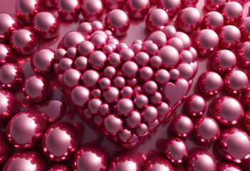 Wall Mural - vibrant heart shape made of multicolored spheres, surrounded by shiny pink spheres, creates playful and romantic atmosphere. This evokes feelings of love and joy