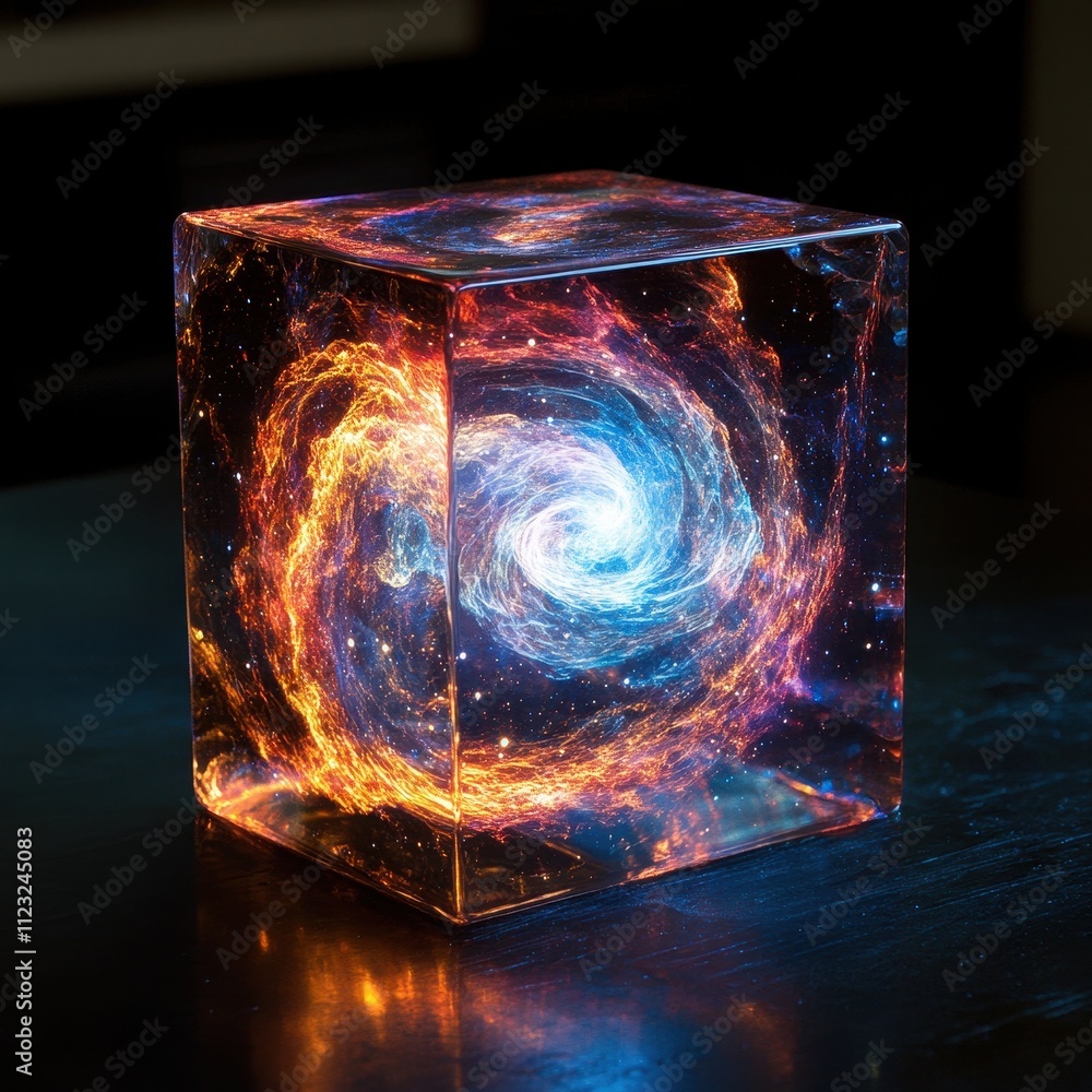 Swirling Nebula in a Translucent Cube Cosmic Art Display Studio Setting ...