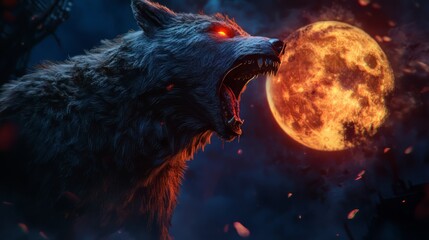 Wall Mural - a werewolf howling at a full moon, colorful, had wallpaper, horror background. wolf wallpaper. ultra