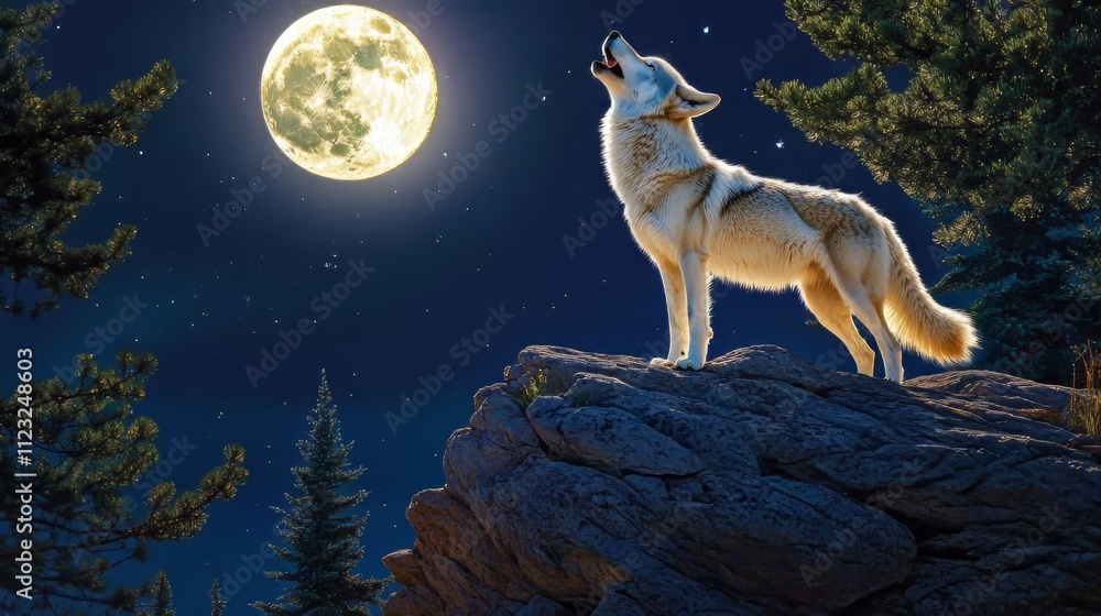 Lone wolf howling at the full moon in a starry night - a lone wolf ...