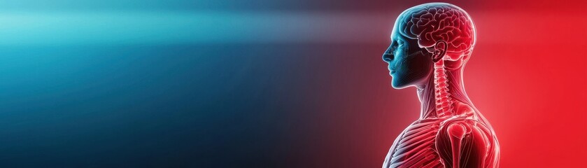 Leinwandbilder - A futuristic human silhouette with glowing neural connections, set against a gradient background of blue and red, symbolizing technology and biology.