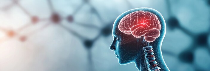 Poster - A digital illustration of a human silhouette with a glowing brain, symbolizing neuroscience and human cognition against a molecular background.