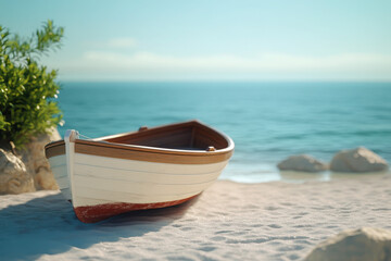 Wall Mural - A serene beach scene featuring a small boat resting on the sand near the calm ocean.