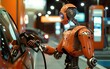 © your_inspiration - Futuristic robot refilling gas tank at the station. Future of modern automated oil industry. Robotic AI assistant, smart helper, intelligent companion. Machine learning, automation, innovation concept