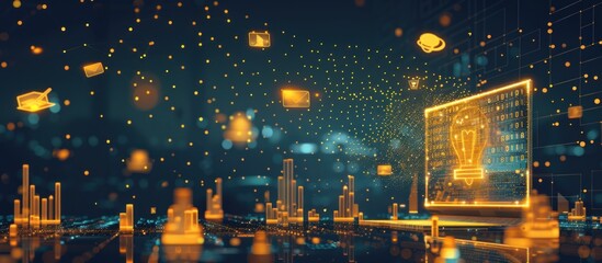 Digital abstract background with glowing lightbulb and data grid.