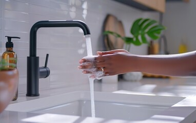 Wall Mural - Close up of black woman washing her hands using soap in reusable bottle or detergent from recyclable dispenser in modern minimalistic kitchen sink. Eco friendly lifestyle, sustainable living concept