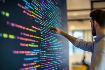 man analyzes code on screen, colorful lines, tech concept