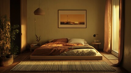 Poster - Cozy and Inviting Bedroom with Warm Light and Minimalist Decor