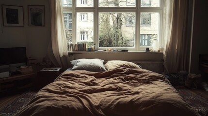 Poster - Cozy Bedroom with Soft Bedding and Large Window Overlooking Nature