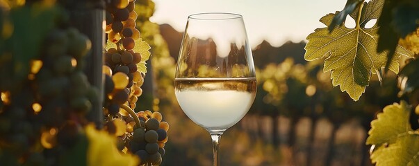Poster - A glass of white wine stands among lush green vines, capturing the essence of a serene vineyard at sunset.