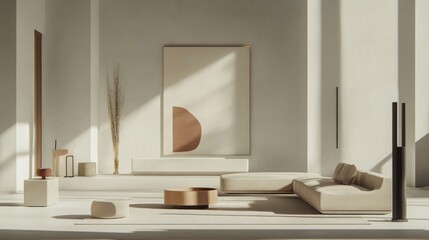 Poster - Modern Minimalist Living Room with Neutral Tones and Abstract Art