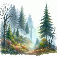 Wall Mural - Serene forest path surrounded by lush vegetation and tall trees at dawn