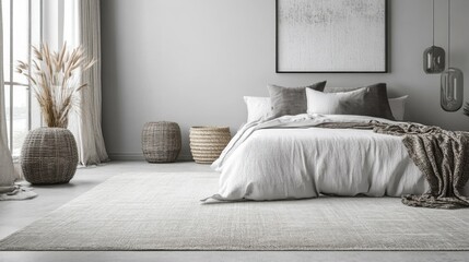 Poster - Modern Bedroom Interior with Cozy Textiles and Neutral Colors